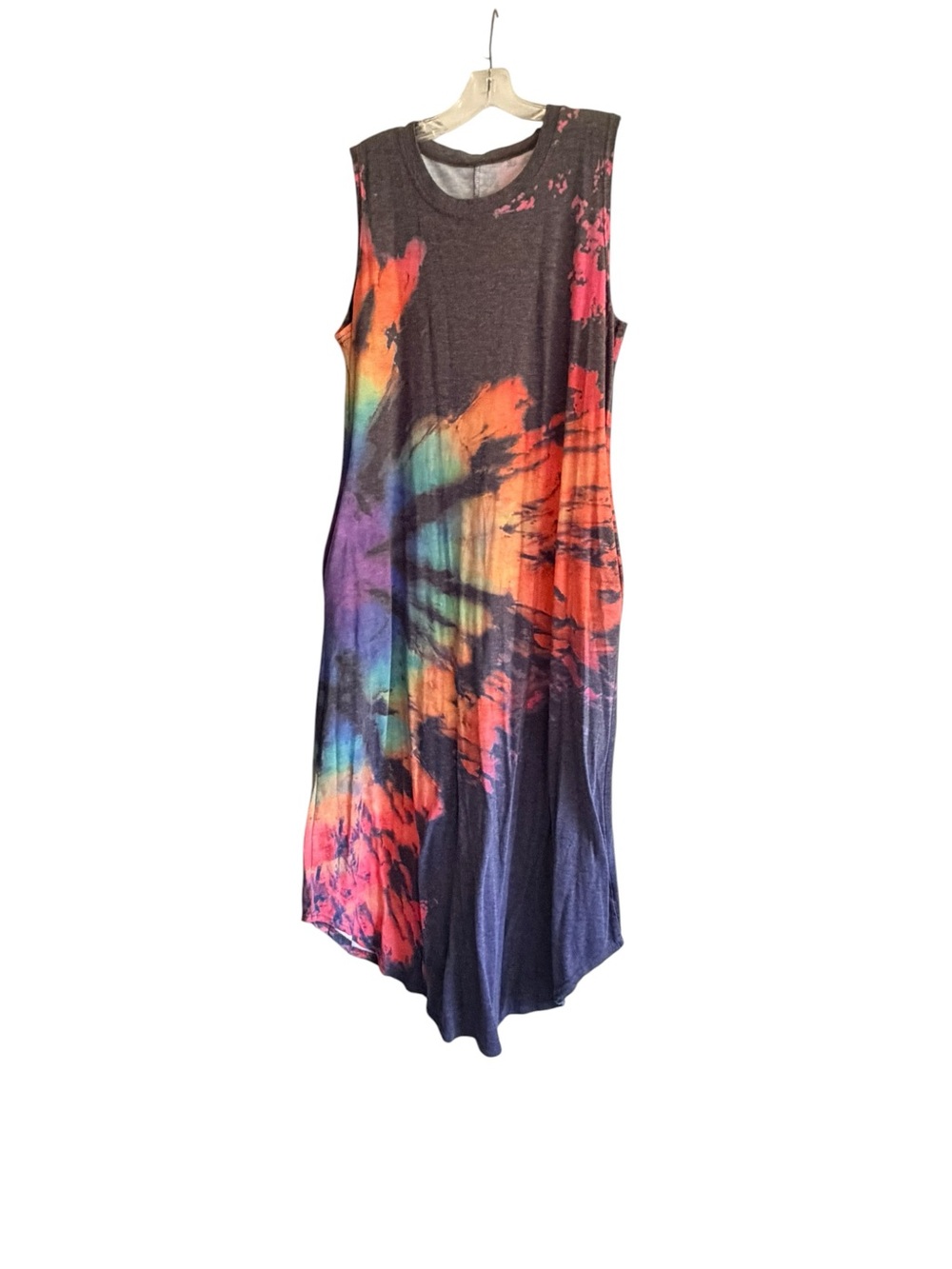 Rainbow Tie Dye Sleeveless Festival Boho Summer Maxi Dress with Pockets Size XL